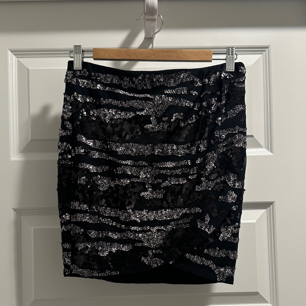 Express Black Mini Skirt with Silver Sequin Stripes